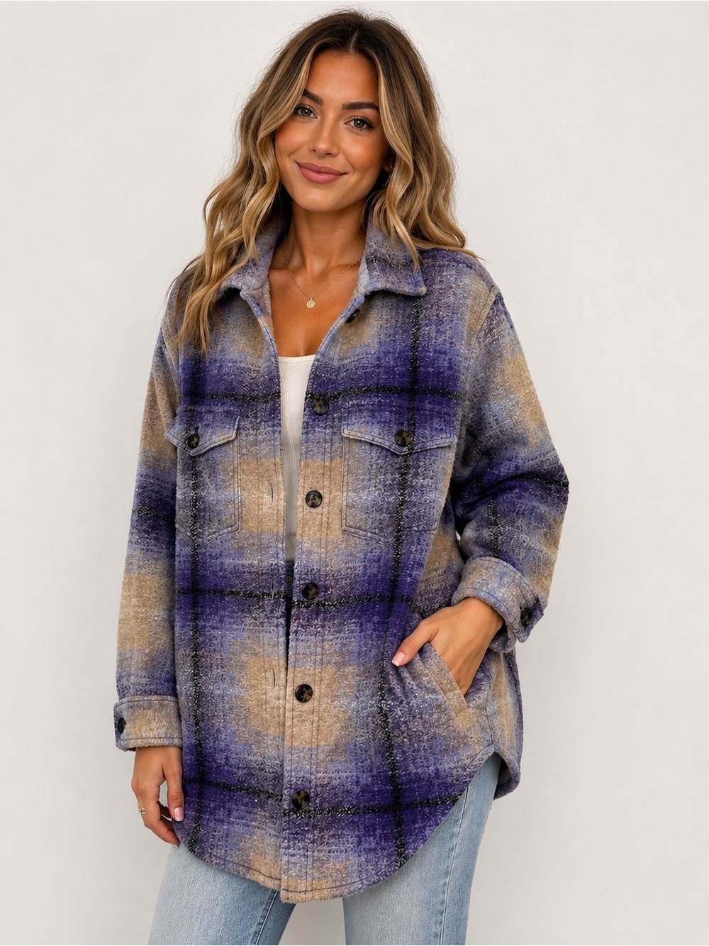 Wilfred Free The Ganna Jacket Small Purple Plaid Wool Blend Shacket With Pockets